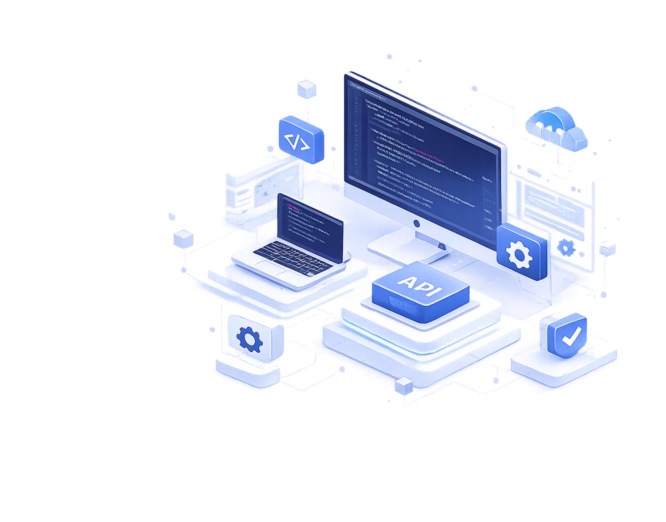 Isometric illustration of a developer setup with monitor, laptop, API, and code